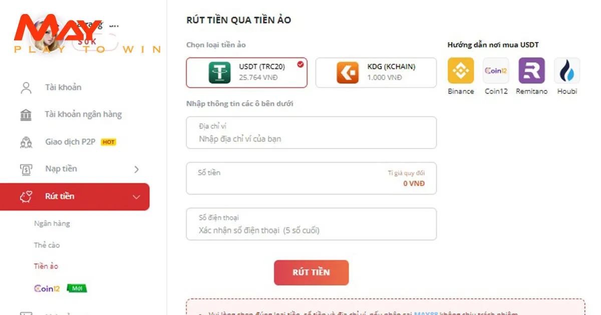Hướng dẫn chi tiết các bước rút tiền May88 đa dạng phương thức